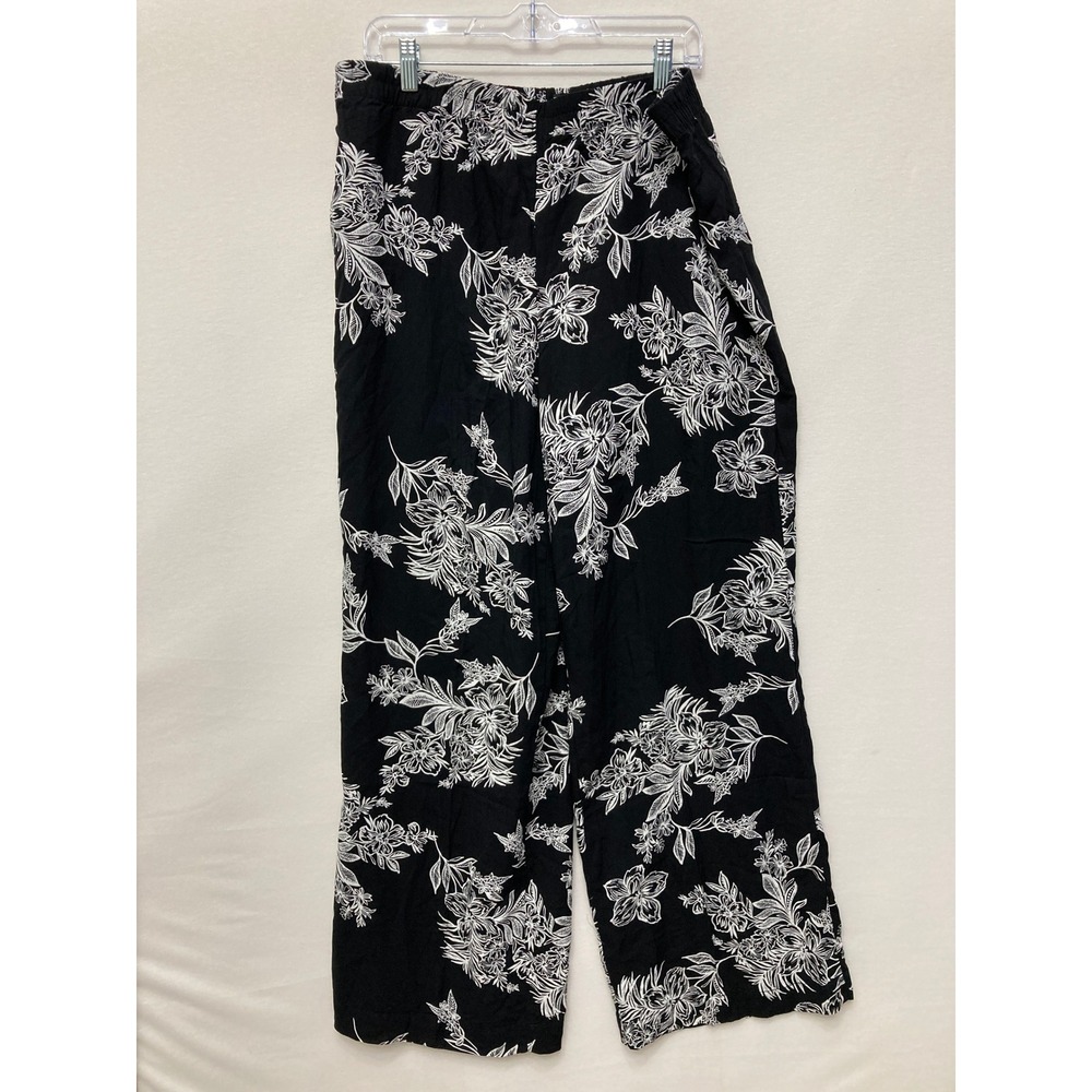 NEW Roz & Ali Wide Leg Pants XL Black White Floral Tropical Rayon Vacation